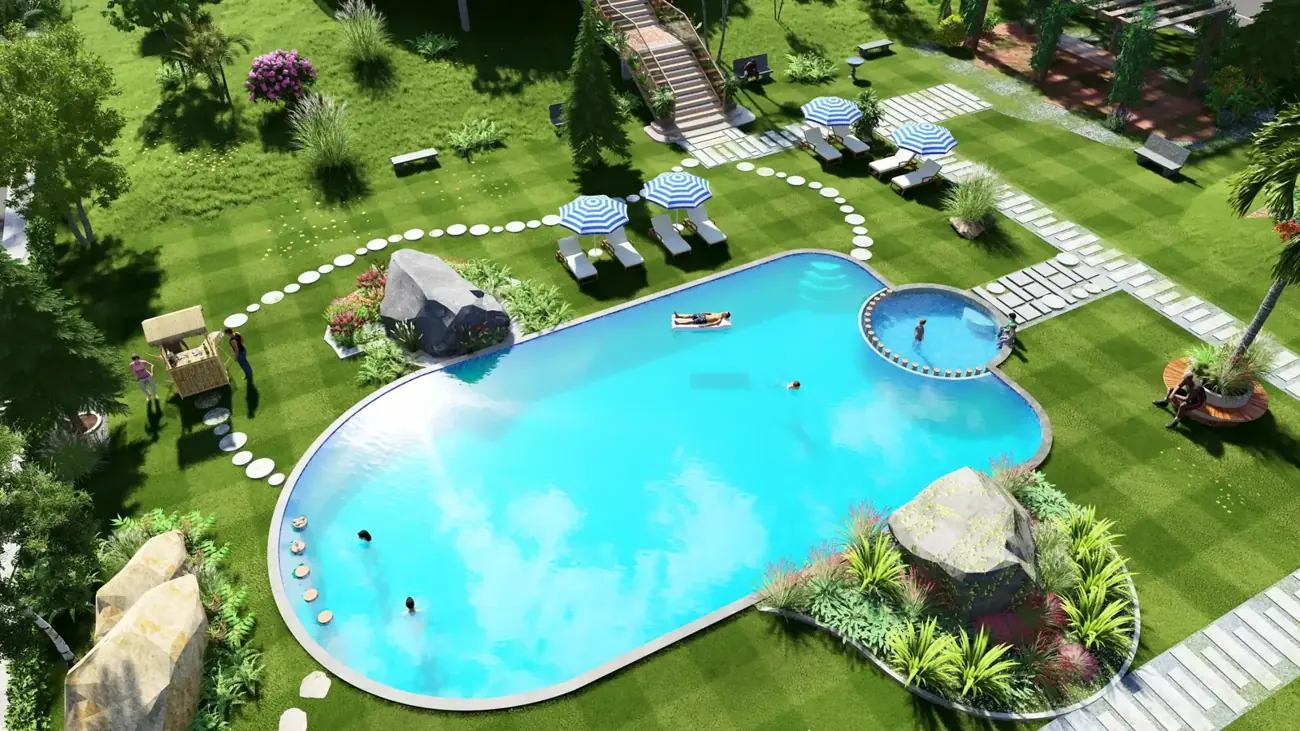 Plan view of the pool and party lawn